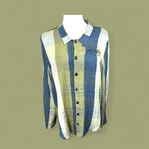 Flax Size Small Green & Blue cotton silk Plaid button down Shirt